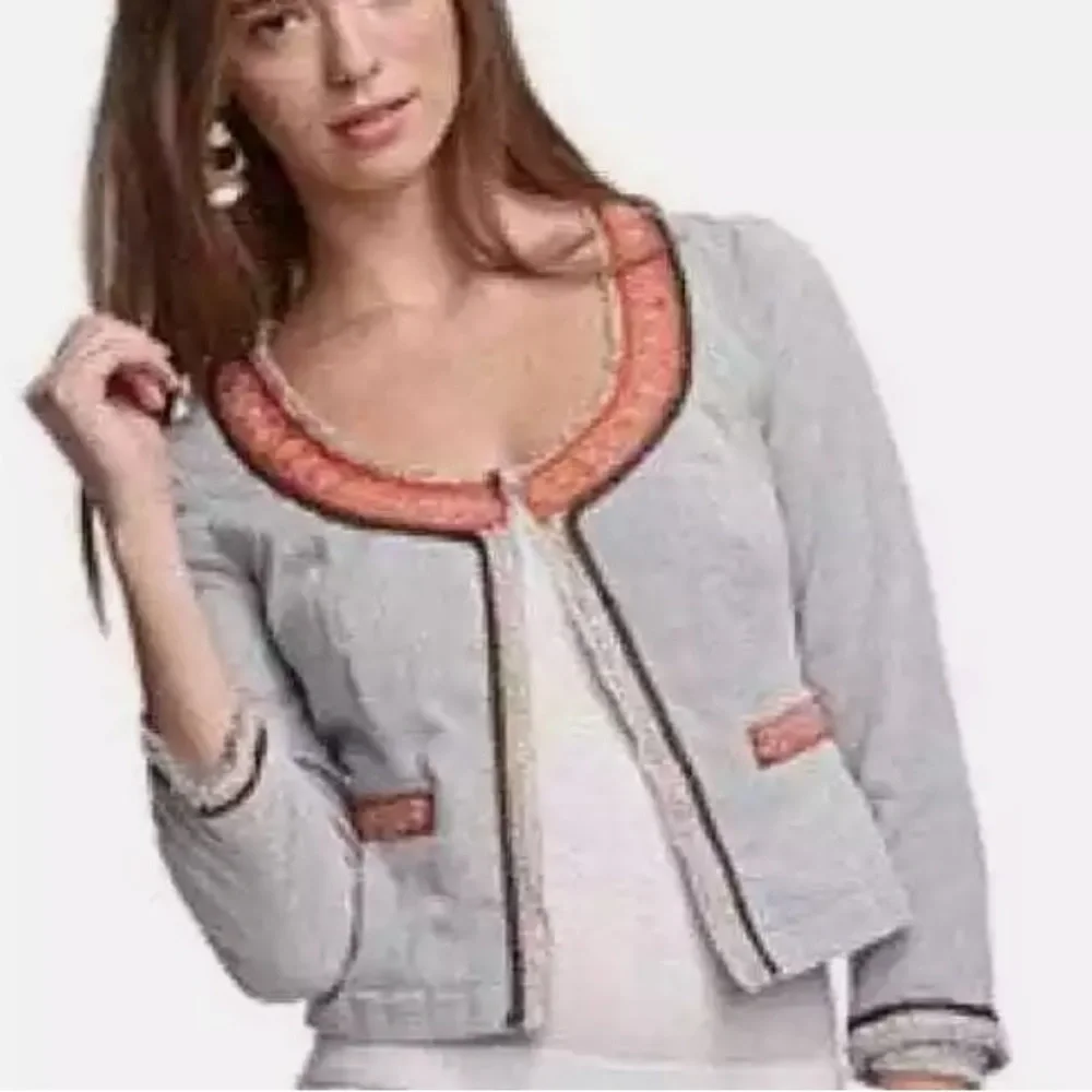 NWOT-Free People My Fair Lady embellished   trim blue pinstripe cropped jacket - Picture 9 of 9